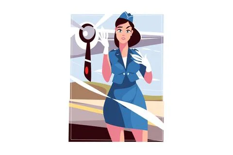 Stewardess in blue uniform at work Illustrazione stock
