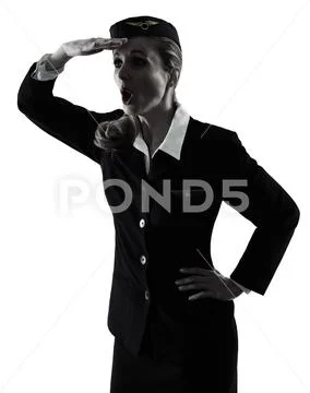 Stewardess cabin crew woman looking away surprised isolated silh Stock Photos