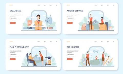 Stewardess web banner or landing page set. Flight attendants help passenger Stock Illustration