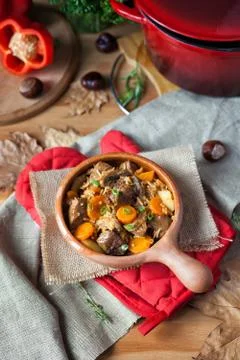 Stewed beef in a clay pot. Stock Photos