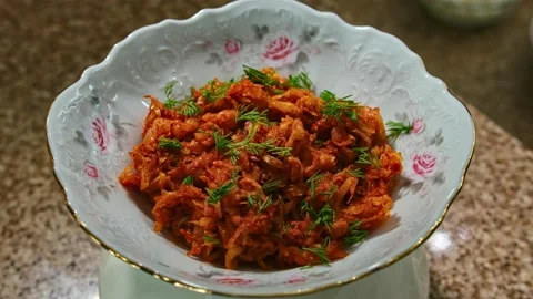 Stewed cabbage with herbs, play with light, presentation Video stock 153807450