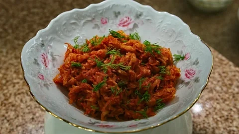 Stewed cabbage with herbs, play with light, presentation Stock Footage 153807574