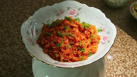 Stewed cabbage with herbs, play with light, presentation Stock Footage 153807796