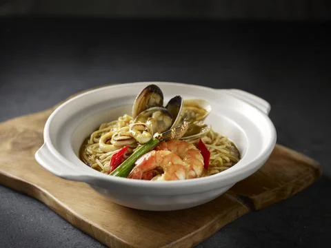Stewed Ee-Fu Noodles with Assorted Seafood served in a dish isolated on cutti Stock Photos