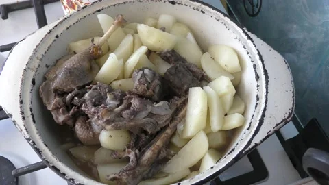 Stewed goose with potatoes in a cauldron Stock Footage 164900828