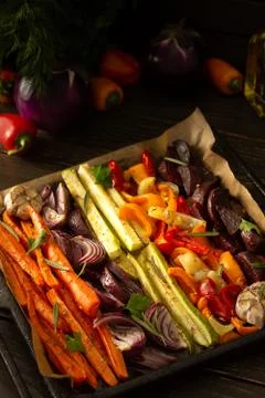 Stewed vegetables on a baking sheet Stock Photos