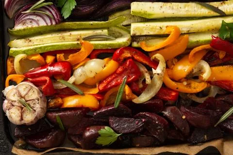 Stewed vegetables on a baking sheet Stock Photos
