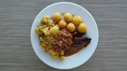 Stewed vegetables, fried minced meat Video stock 158330617