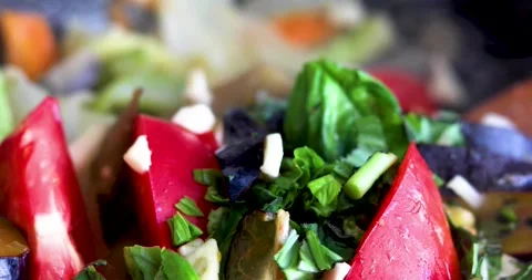Stewing vegetables with tomatoes, basil, and garlic in a deep skillet; a hea Stock Footage 345528269