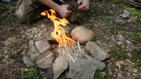 Stick On Camp Fire In Forest Stock Footage 91183120
