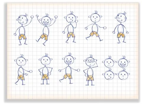 Stick child with different poses of walking, jumping, thinking, running and.. Illustrazione stock