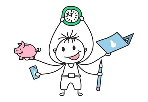 Stick Figure Boy Multitasking Six Arms Busy Work Doodle Vector Illustration Stock Illustration