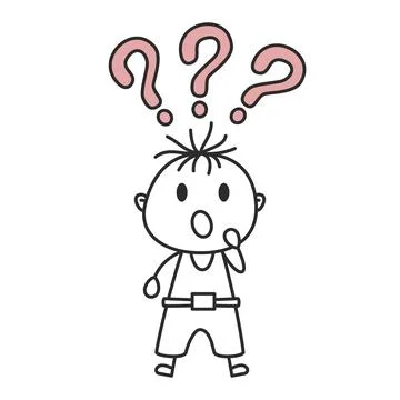 Stick Figure Boy with Question Marks Hand Drawn Doodle Vector Illustration Illustrazione stock