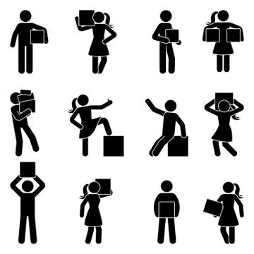 Stick figure carrying box vector icon pictogram Stock Illustration