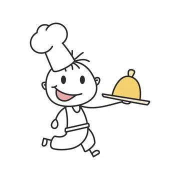 Stick Figure Chef Running with Serving Dish Hand Drawn Doodle Vector Stock Illustration