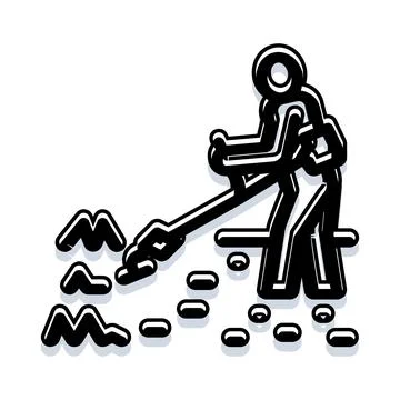 Stick figure cutting grass pushing mower in garden Stock Illustration