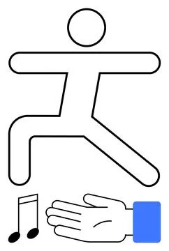 Stick Figure Dancing with Music Note and Clapping Hand in Minimalist Design Illustrazione stock