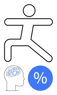 Stick figure in a dynamic pose, silhouette of a head with tangled lines ins.. Illustrazione stock