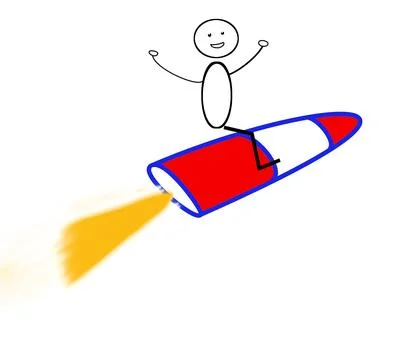 Stick figure flies on rocket Stock Illustration