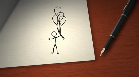 A stick figure floating with balloons in a flip book Stock Footage