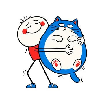 Stick Figure Hugging a Blue Cat Stock Illustration