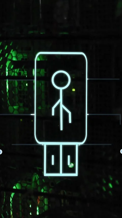 Stick figure inside USB symbol with circuit connections, digital security Stock Footage 323780956