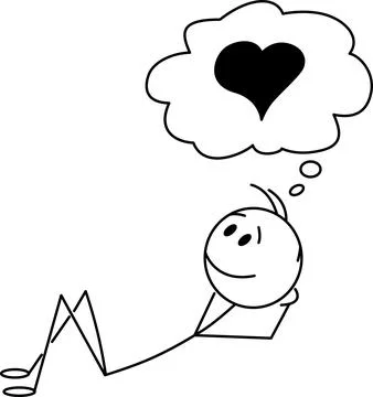 Stick figure lying down, dreaming of love, with a heart in a thought bubble.. Stock-Illustration