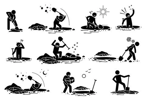 Stick Figure man digging hole. Vector illustrations of a stickman dig hole, f Illustrazione stock