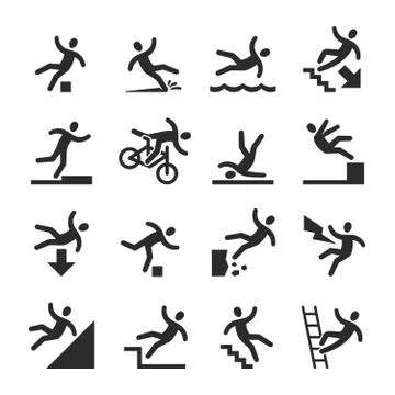 Stick figure man falling beware, hazard warning symbols. Person injury at work Stock Illustration