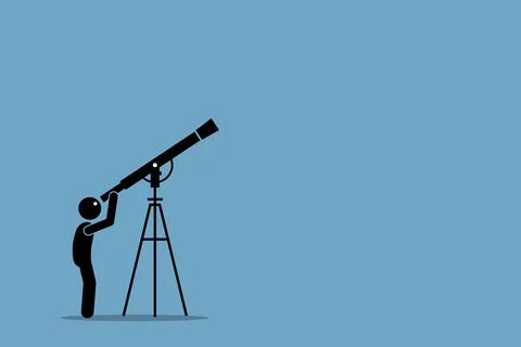 Stick figure man looking through telescope pointing to the sky. Vector illust Stock Illustration