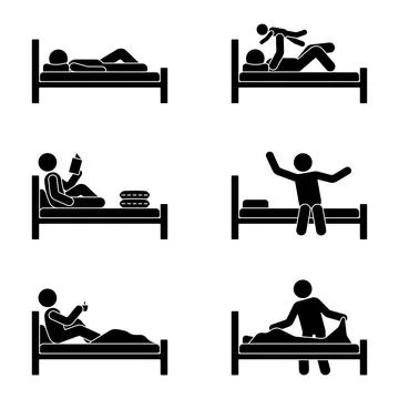Stick figure man lying in bed, reading book, drinking coffee, playing with ki Illustrazione stock