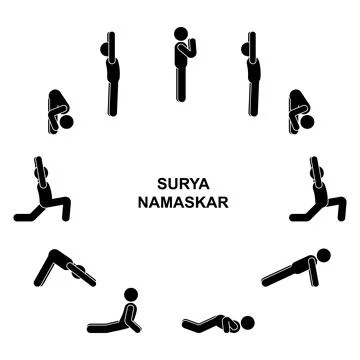 Stick figure man sequence poses of sun salutation surya namaskar vector Stock Illustration