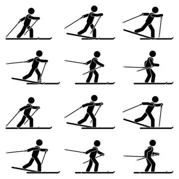 Stick figure man skiing sequence poses icon vector pictogram set. Winter spor Stock Illustration