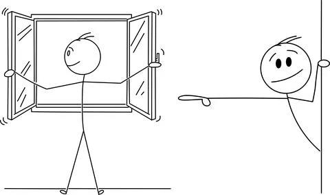 Stick figure opens window, another figure points, showing opportunity and d.. Stock Illustration