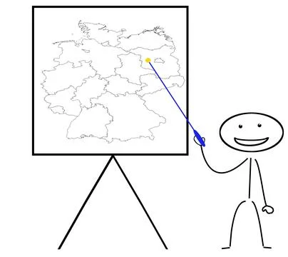 Stick figure points to map of Germany with stick 스톡 일러스트