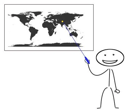Stick figure points to world map with stick Stock Illustration