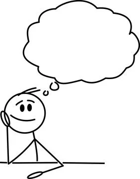 Stick figure resting and thinking with a large blank thought bubble above. .. Stock Illustration