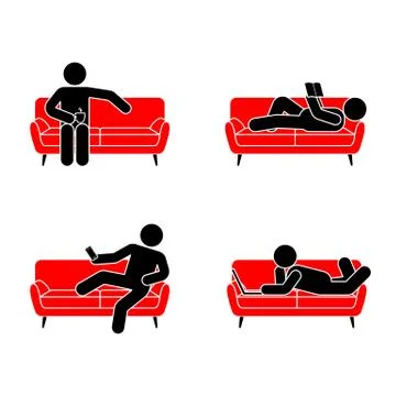 Stick figure resting position set on red sofa Stock Illustration