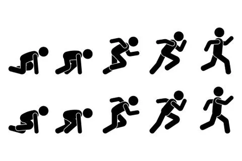 Stick figure runner sprinter sequence icon vector pictogram. Low start speedi Stock Illustration