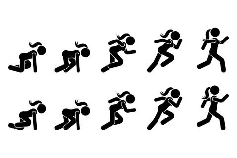 Stick figure runner sprinter sequence icon vector pictogram. Low start speedi Stock Illustration