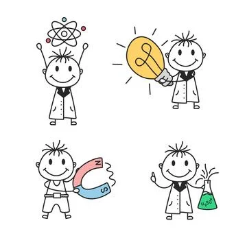 Stick Figure Scientist Set Atom Light Bulb Magnet Chemistry Doodle Vector Stock-Illustration