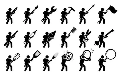 Stick figure stick man using various tools, and equipments. It includes writi Stock-Illustration