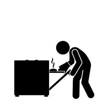Stick figure taking hot bread from oven safely. Stock Illustration