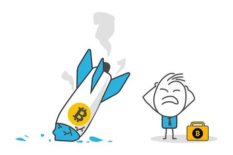 Stick figures. Bitcoin rocket crash. Stock Illustration