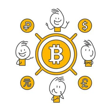 Stick figures. Bitcoins. Stock Illustration
