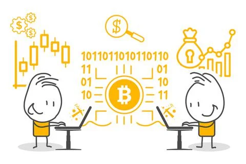 Stick figures. Bitcoins. Stock Illustration