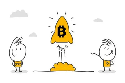 Stick figures. Bitcoins. Stock Illustration