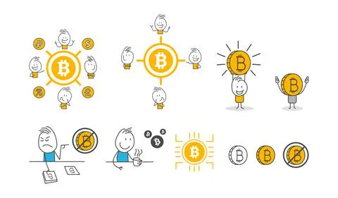 Stick figures. Bitcoins. Stock Illustration