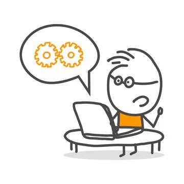 Stick figures. Computer, Laptop. Hand drawn doodle line art cartoon design ch Illustrazione stock
