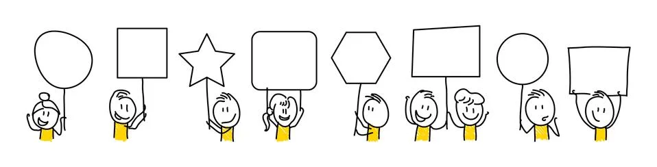 Stick figures. Empty banner set. Vector illustration of people holding blank  Stock Illustration